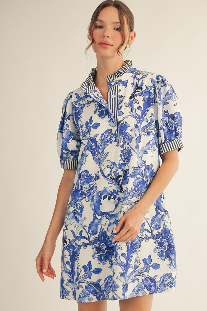 Blue Stripe Contrast Accent Tropical Floral Dress