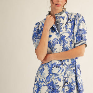 Blue Stripe Contrast Accent Tropical Floral Dress