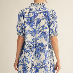 Blue Stripe Contrast Accent Tropical Floral Dress