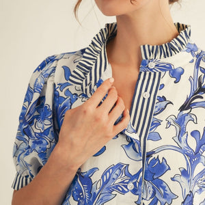 Blue Stripe Contrast Accent Tropical Floral Dress