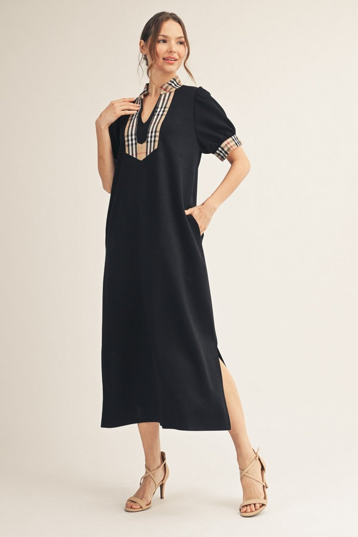 Classic Check Contrast Solid Midi Dress