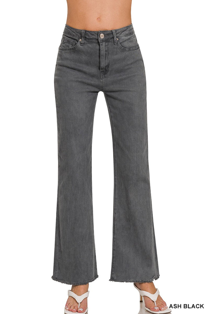 BLACK ACID WASHED FRAYED CUTOFF HEM STRAIGHT WIDE PANTS