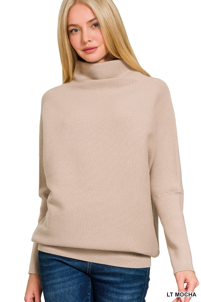 MOCHA VISCOSE DOLMAN SLEEVE MOCK NECK SWEATER