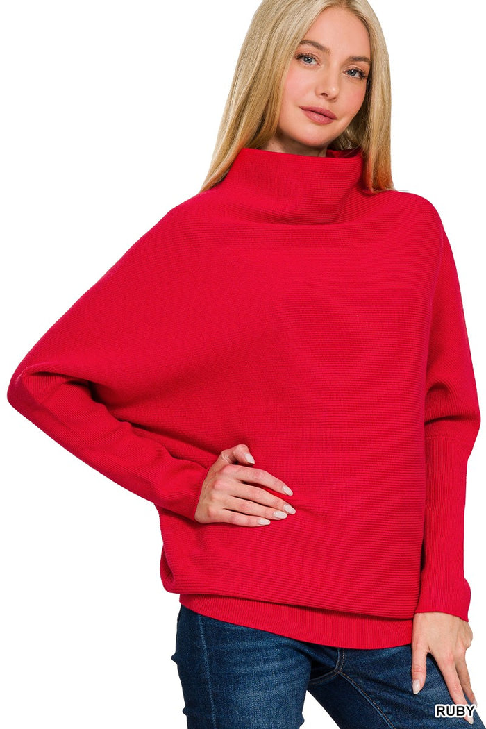 RED VISCOSE DOLMAN SLEEVE MOCK NECK SWEATER