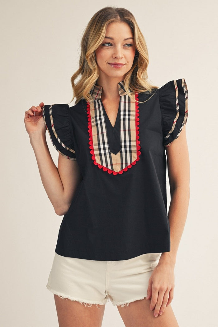 Plaid Contrast Accent Solid Woven Top
