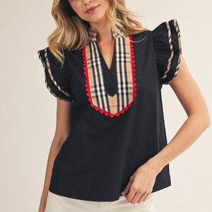 Plaid Contrast Accent Solid Woven Top