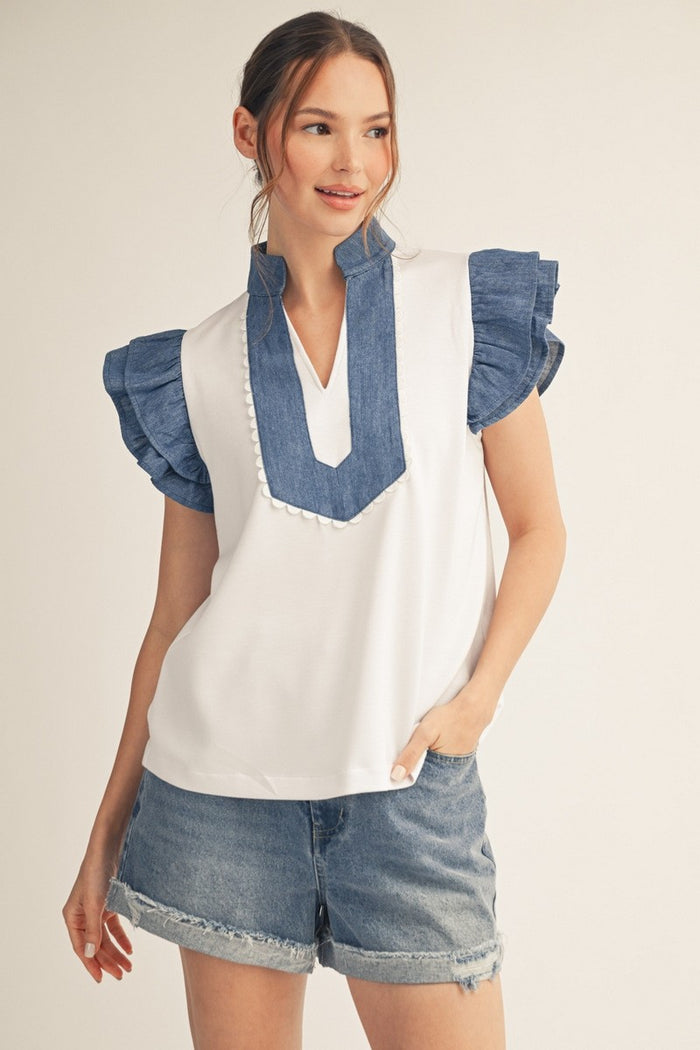 Denim Contrast Ruffle Sleeves Solid Top