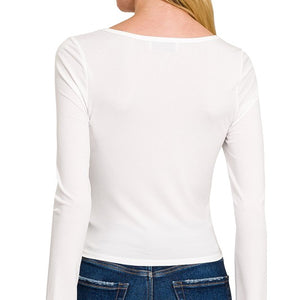 DOUBLE LAYERED SQUARE NECK FITTED LONG SLEEVE TEE, 2 COLORS