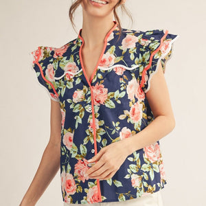 Navy Ruffled Sleeves Button Down Floral Top