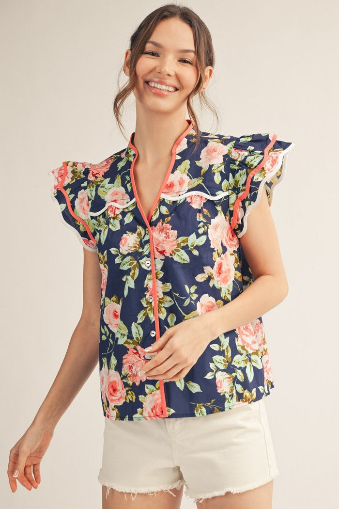 Navy Ruffled Sleeves Button Down Floral Top