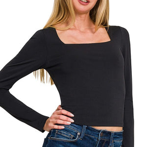 DOUBLE LAYERED SQUARE NECK FITTED LONG SLEEVE TEE, 2 COLORS