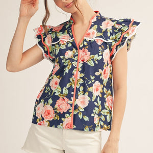 Navy Ruffled Sleeves Button Down Floral Top