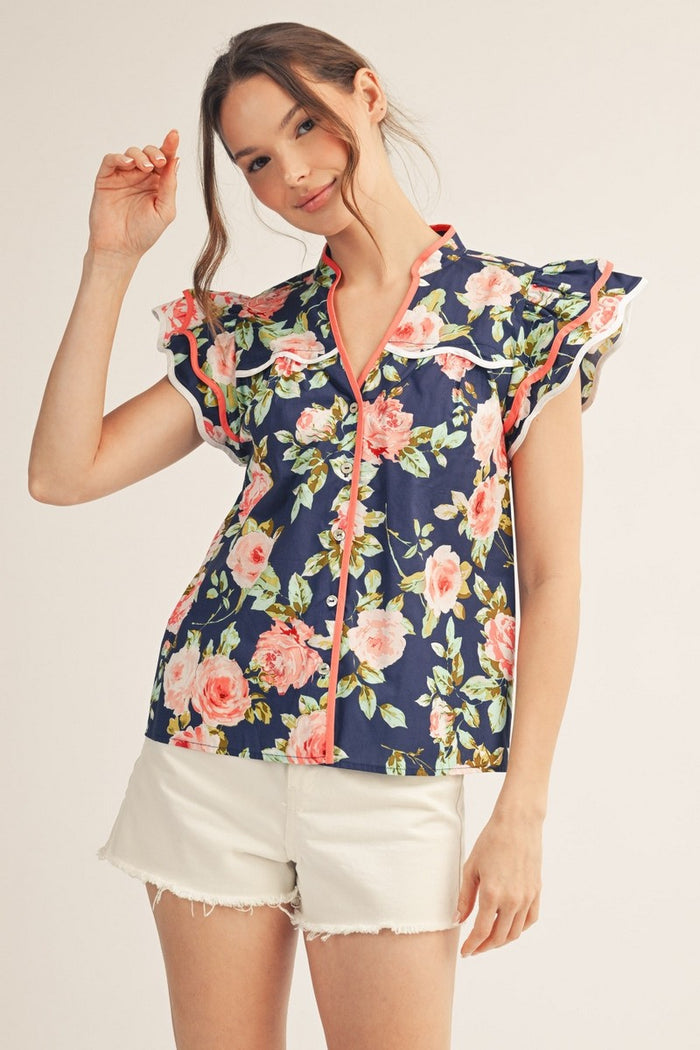 Navy Ruffled Sleeves Button Down Floral Top