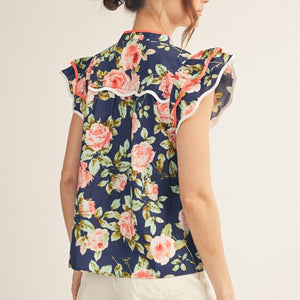 Navy Ruffled Sleeves Button Down Floral Top