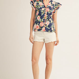 Navy Ruffled Sleeves Button Down Floral Top
