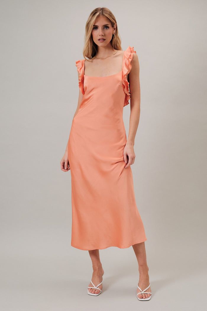 Coral Sleeveless Ruffled Shoulder Satin Slip Maxi Dress