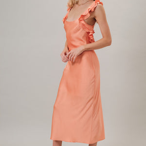 Coral Sleeveless Ruffled Shoulder Satin Slip Maxi Dress