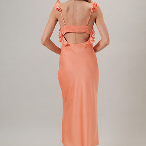 Coral Sleeveless Ruffled Shoulder Satin Slip Maxi Dress