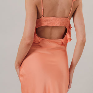 Coral Sleeveless Ruffled Shoulder Satin Slip Maxi Dress