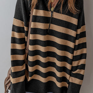 Stripe Collared Quarter Zipper Oversized Sweater