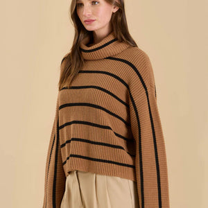 BROWN STRIPE TURTLENECK LONG WIDE SLEEVE KNIT SWEATER