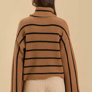 BROWN STRIPE TURTLENECK LONG WIDE SLEEVE KNIT SWEATER