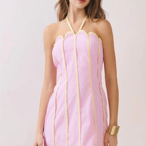 Pink & Yellow Scallop CONTRAST PIPING HALTER DRESS