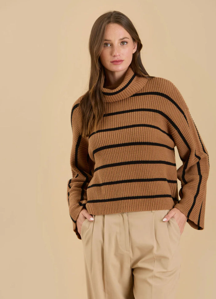 BROWN STRIPE TURTLENECK LONG WIDE SLEEVE KNIT SWEATER