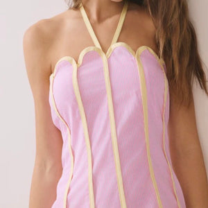 Pink & Yellow Scallop CONTRAST PIPING HALTER DRESS