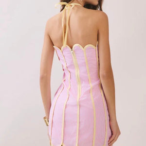 Pink & Yellow Scallop CONTRAST PIPING HALTER DRESS