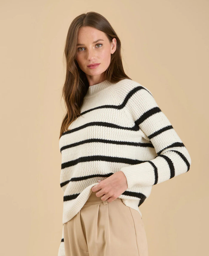 CREAM STRIPE HIGH NECK KNIT PULLOVER SWEATER