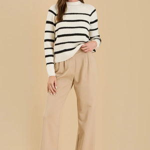 CREAM STRIPE HIGH NECK KNIT PULLOVER SWEATER