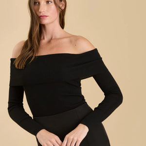 Black OFF THE SHOULDER FOLD OVER SWEATER KNIT PULLOVER