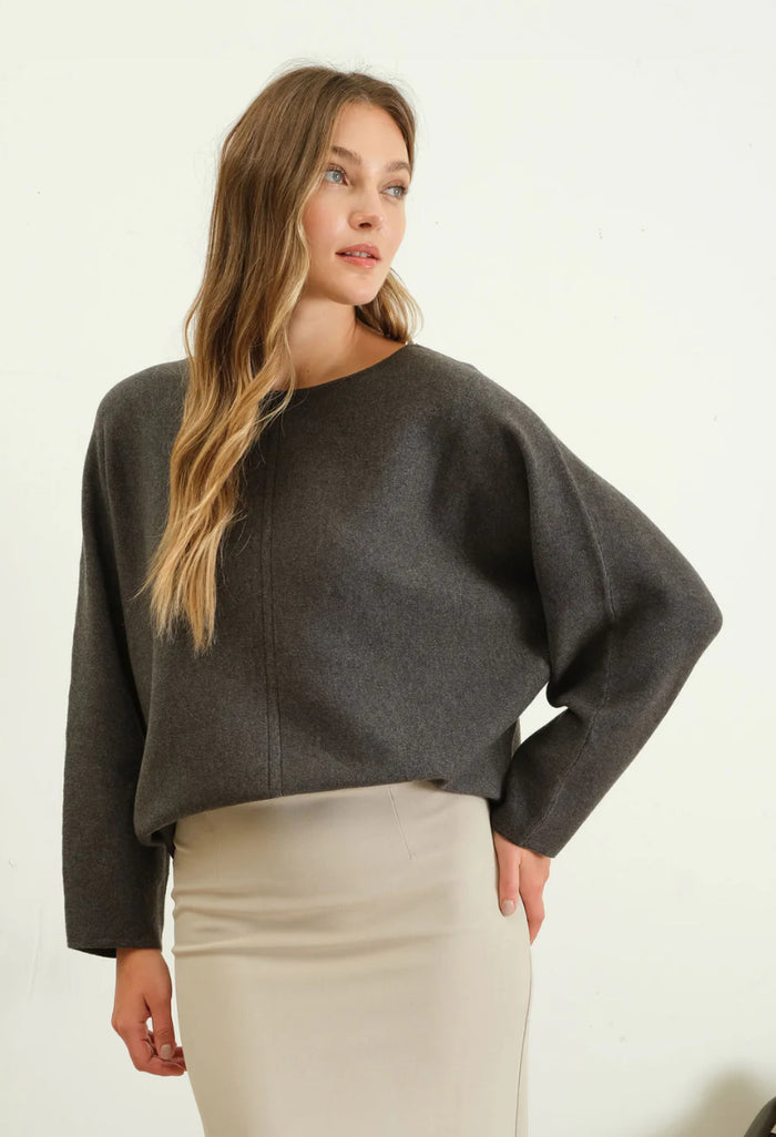 CHARCOAL BOAT NECK KNIT SWEATER