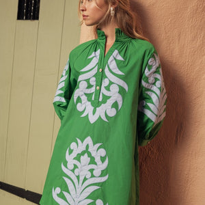 Green Baroque Floral Applique Shift Dress