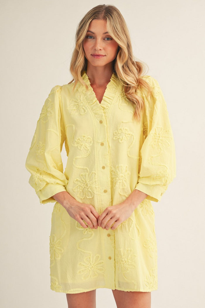 Yellow Button Down 3d Floral Dress