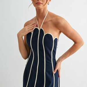 Navy Petal Outline Halter Mini Dress