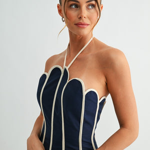 Navy Petal Outline Halter Mini Dress