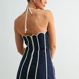 Navy Petal Outline Halter Mini Dress