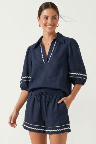 Navy Contrast Trim Puff Sleeve Linen Set