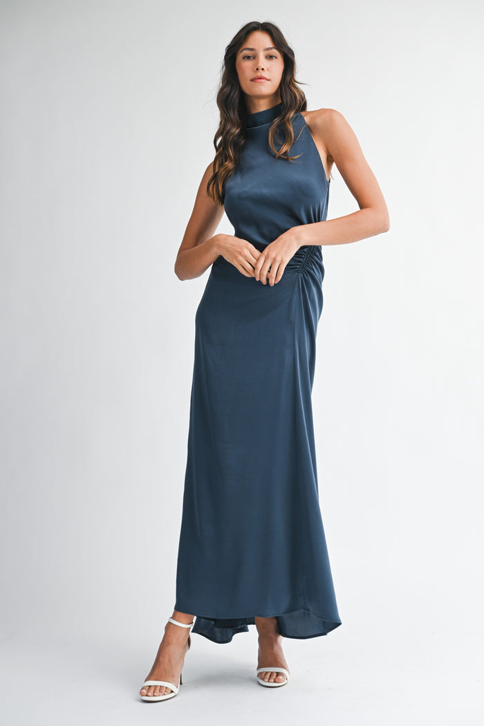 Satin High Mock Neck Side Waist Shirring Dress