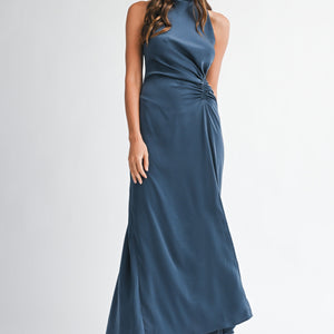 Satin High Mock Neck Side Waist Shirring Dress
