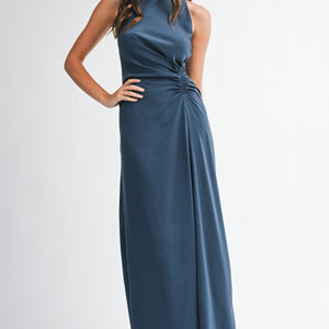Satin High Mock Neck Side Waist Shirring Dress
