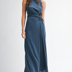 Satin High Mock Neck Side Waist Shirring Dress