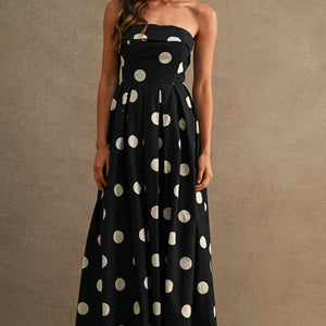 Polka Dot Print Strapless Fold Over Tube Midi Dress