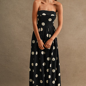 Polka Dot Print Strapless Fold Over Tube Midi Dress