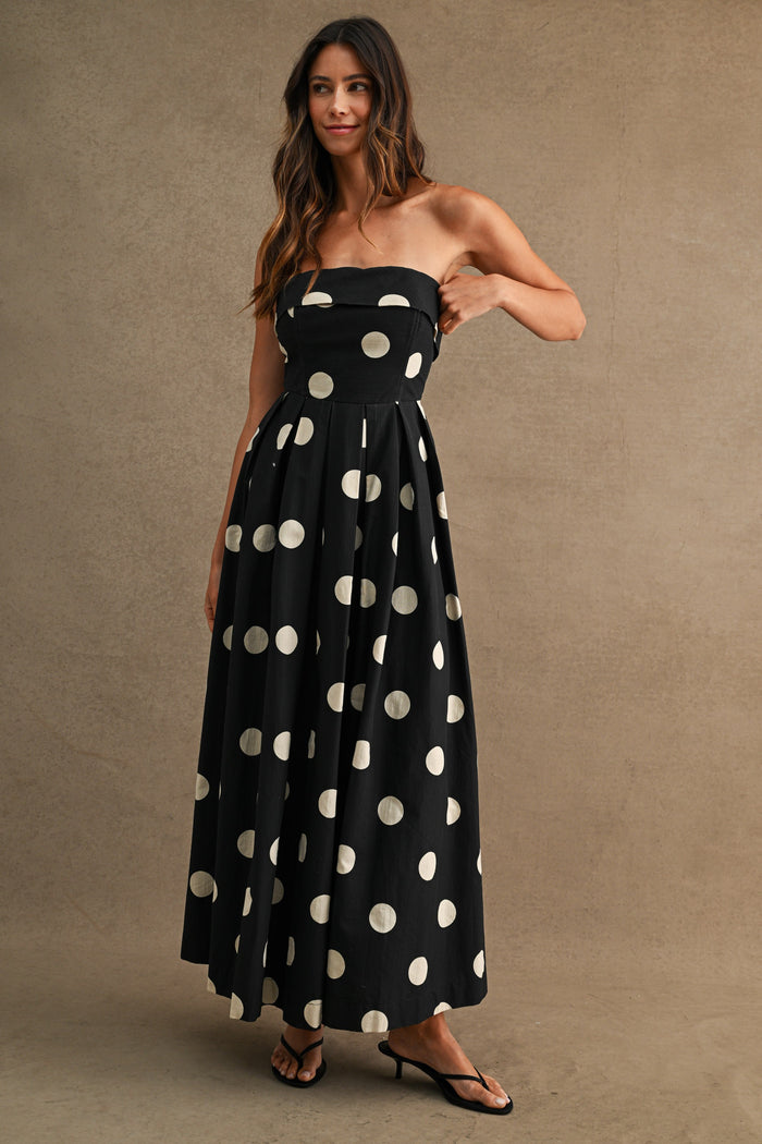 Polka Dot Print Strapless Fold Over Tube Midi Dress