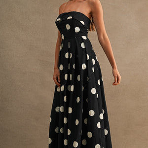 Polka Dot Print Strapless Fold Over Tube Midi Dress