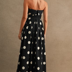 Polka Dot Print Strapless Fold Over Tube Midi Dress