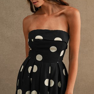 Polka Dot Print Strapless Fold Over Tube Midi Dress